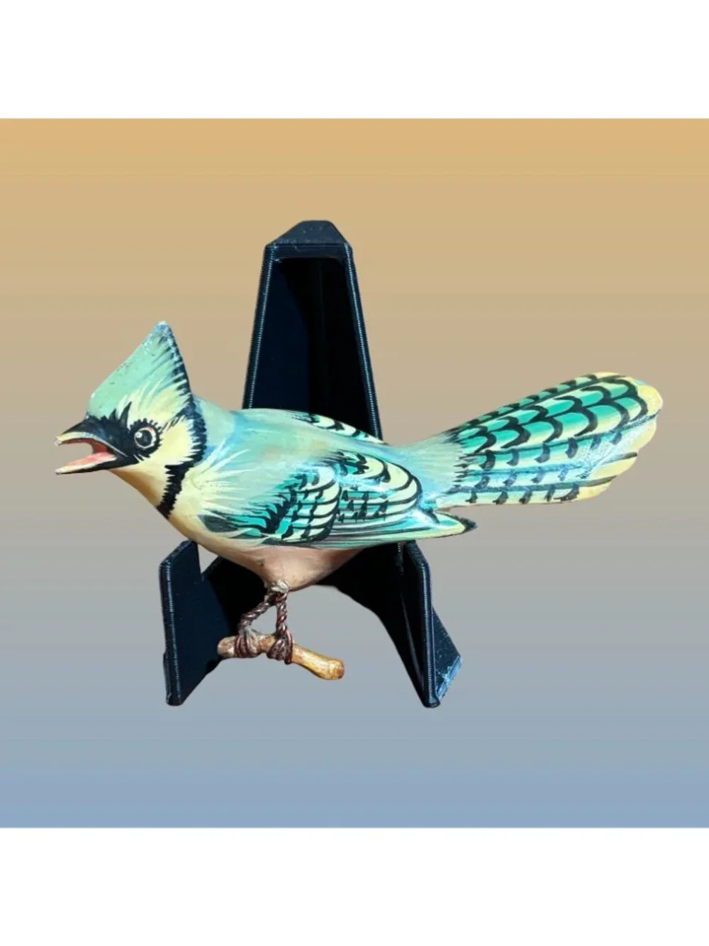Takahashi Style Hand Painted Wood Blue Jay Bird Brooch Figural Pin Vintage Gift